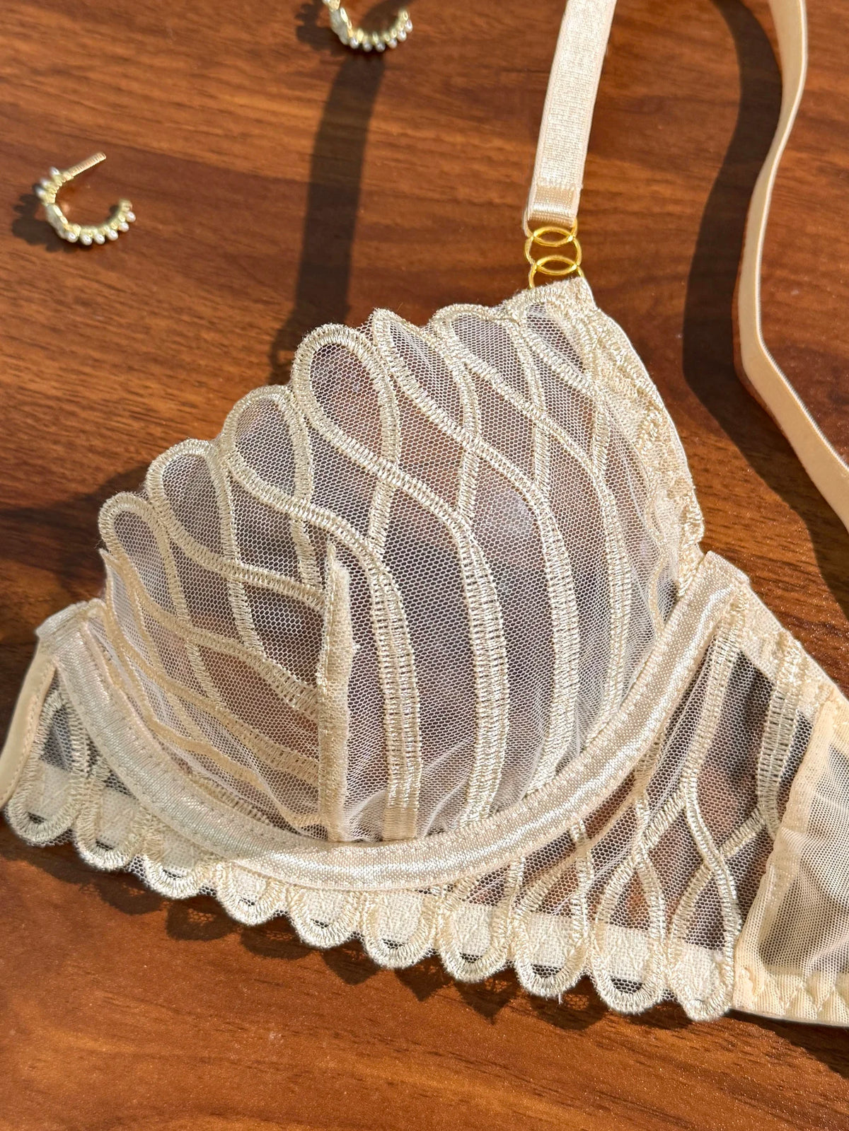 Women's Beige Lace Mesh Bra & Panty Set