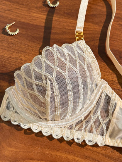 Women's Beige Lace Mesh Bra & Panty Set