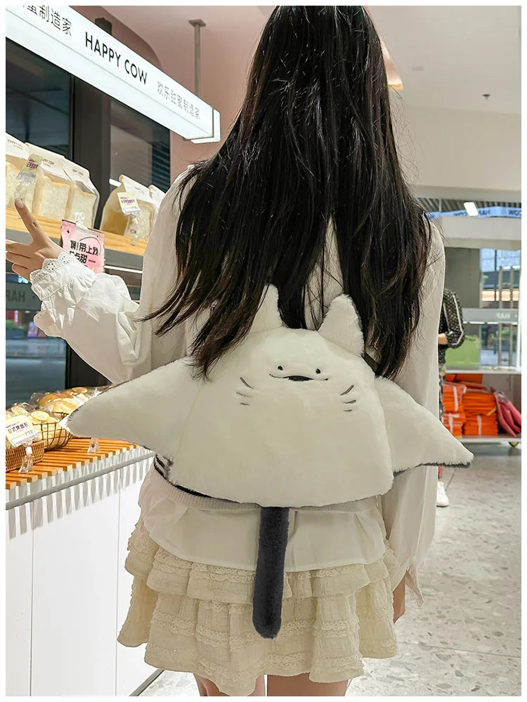 Creative Manta Ray Plush Backpacks Cute Fluffy Cartoon Animal Shoulder Crossbody Bag Casual Plushie Schoolbag Women Kawaii Gifts