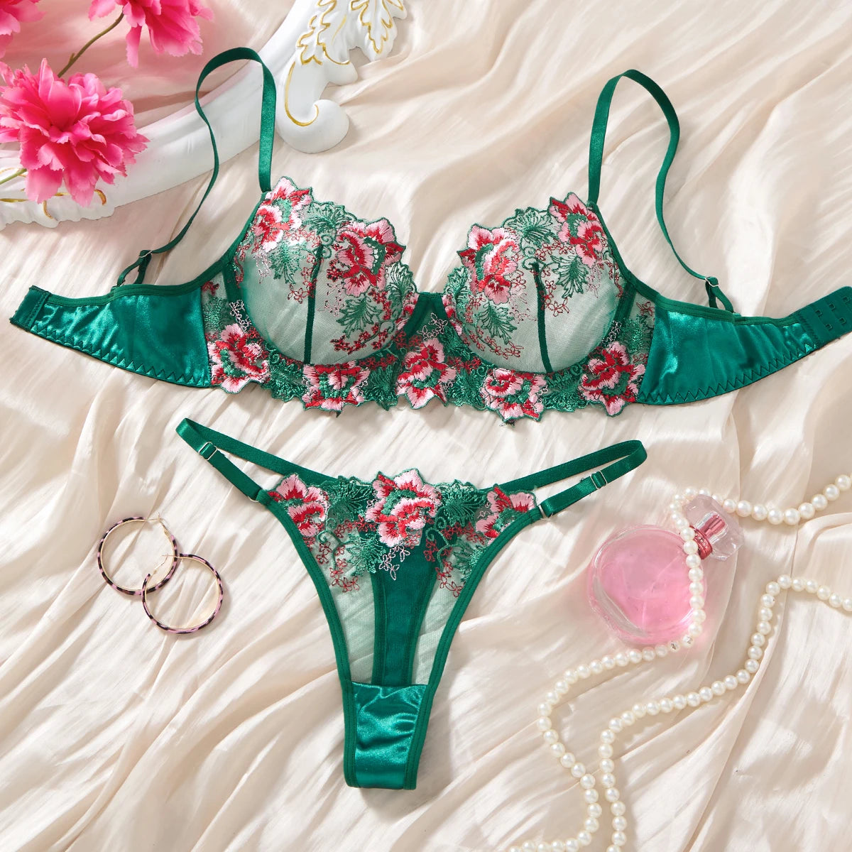 Green Floral Embroidered Satin Bra & Thong Set