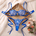 Blue Floral Embroidered Bra & Tie-Side Thong Set