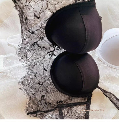 Sexy Lace Underwear Female Poly Poly Thin Soft Steel Ring up Support Anti-Sagging Collect Vice Breasts Solid Color Back Bra Set