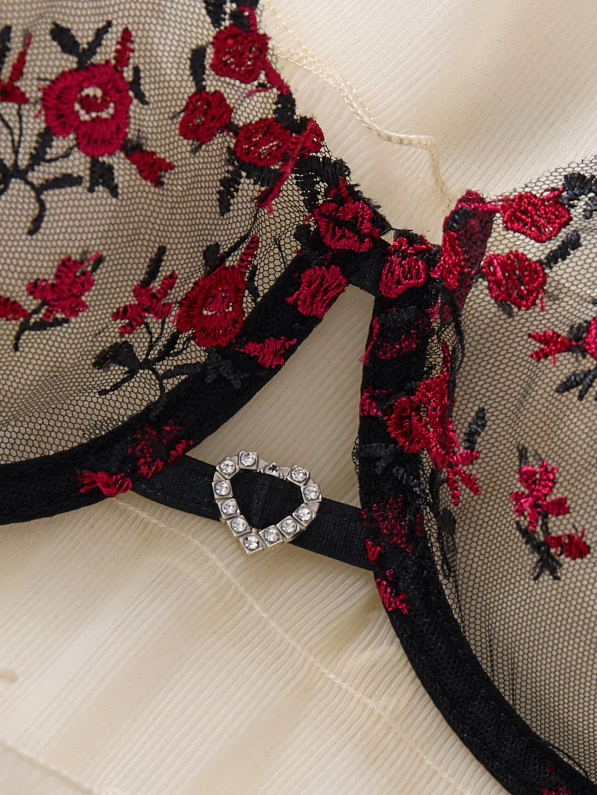 Black & Red Floral Embroidered Bra & Thong Set