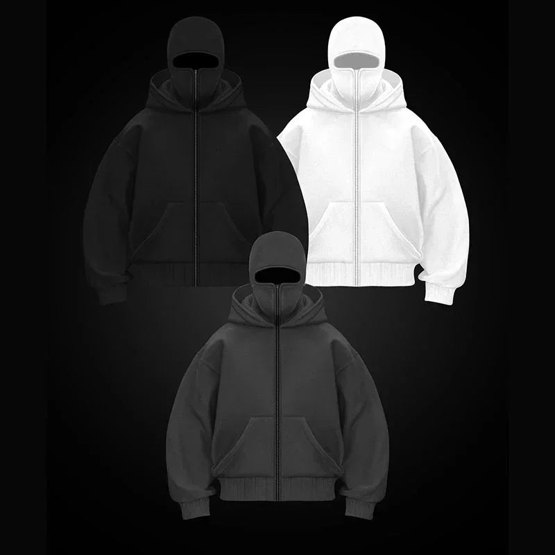 Men and women Balaclava Y2K Gothic Harajuku winter Warm new item double hooded sweatshirt men's hooded mask zipper sports Jacket