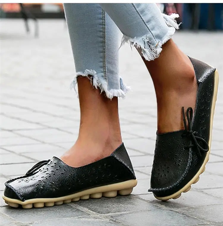Women's Leather Ballet Flats — Hollow Slip-On Ballerina Shoes