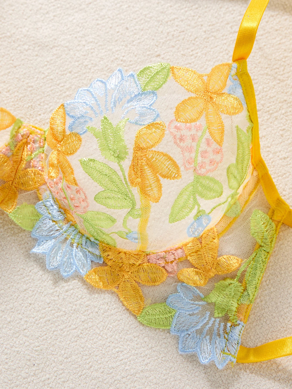 Yellow Floral Embroidered Bra & Tie-Side Thong Set