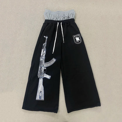 Y2K High-Waisted Printed Embroidered Street Guard Pants Spring Summer Casual Straight Leg Double Waist Design Fashionable