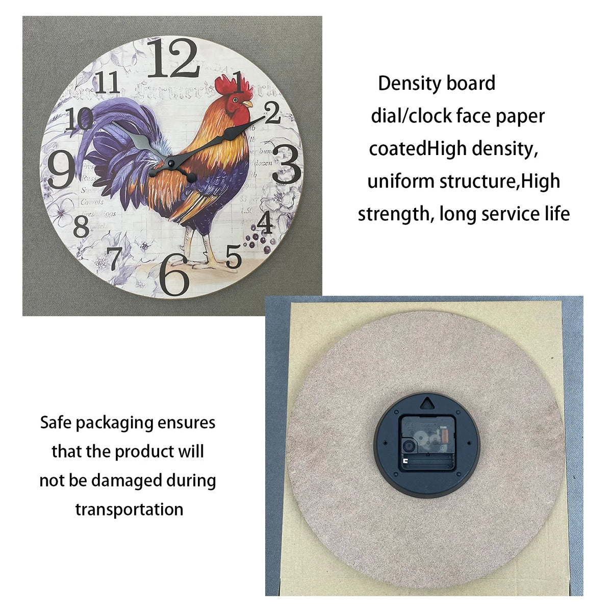 Fashionable Rooster Pattern Wooden Wall Clock for Living Room, Bedroom, Kitchen, Home Decoration, Silent Quartz Clock, Holiday Gift, 10 Inches, 12 Inches (No Battery)