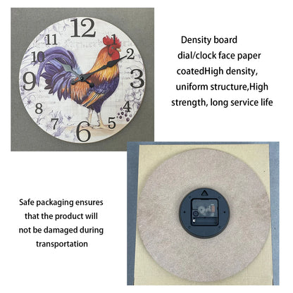 Fashionable Rooster Pattern Wooden Wall Clock for Living Room, Bedroom, Kitchen, Home Decoration, Silent Quartz Clock, Holiday Gift, 10 Inches, 12 Inches (No Battery)