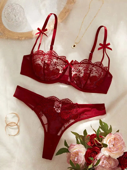 Women's Sheer Floral Embroidered Lingerie Set