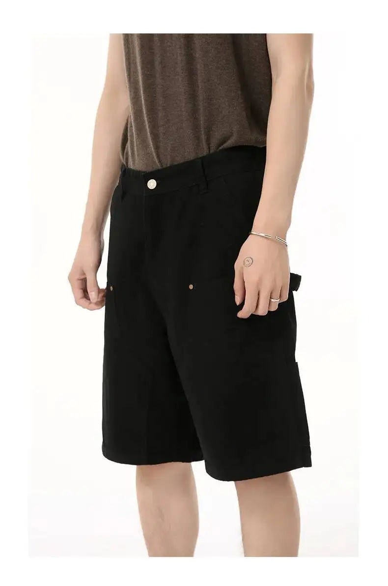 IEFB Men's Wear Knee Length Denim Shorts Summer New Multi Pocket Loose Jeans Solid Color Japanese Style Male Overalls 9C6027