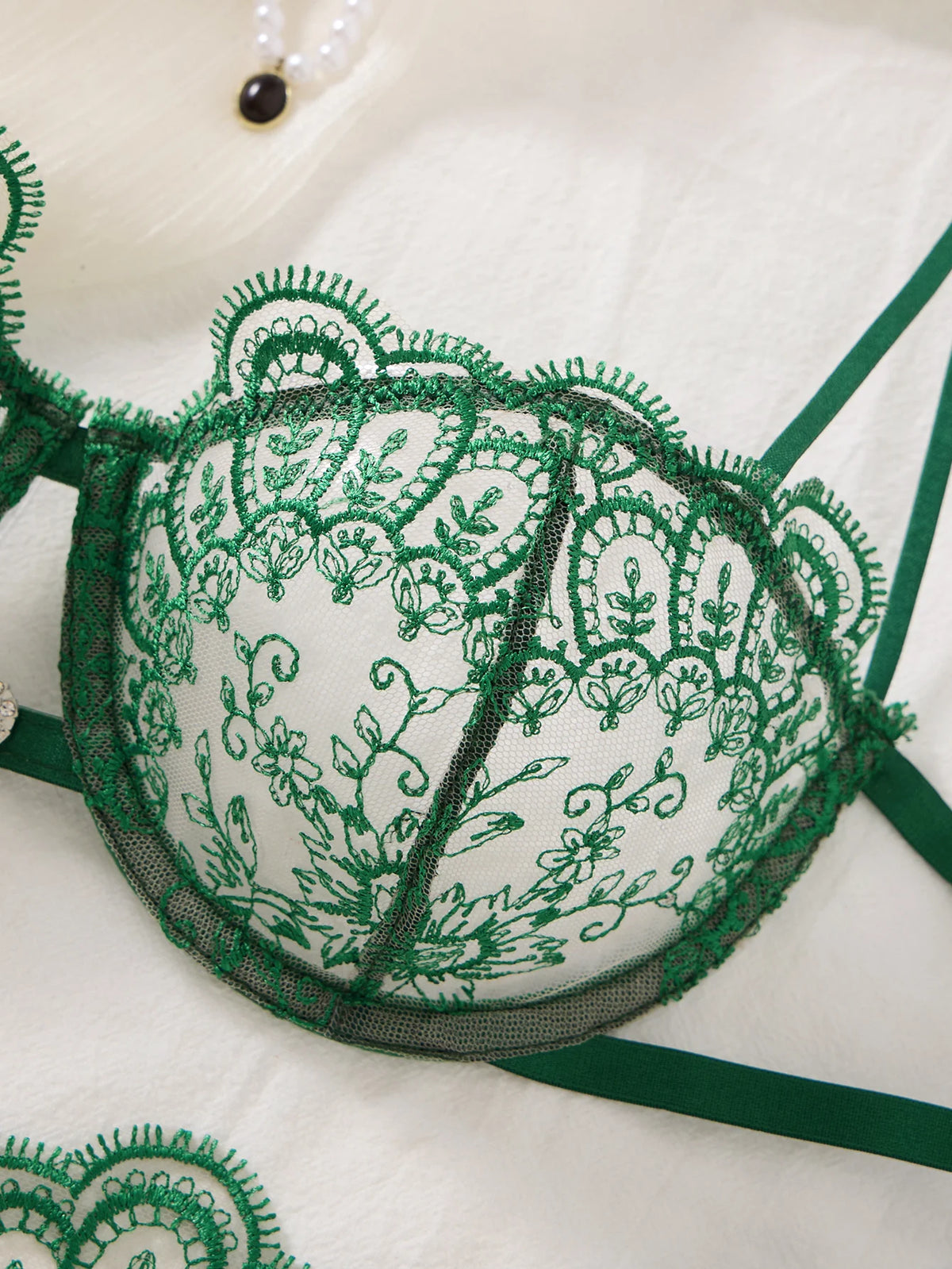 Dark Green Floral Embroidered Bra & Tie-Side Thong Set