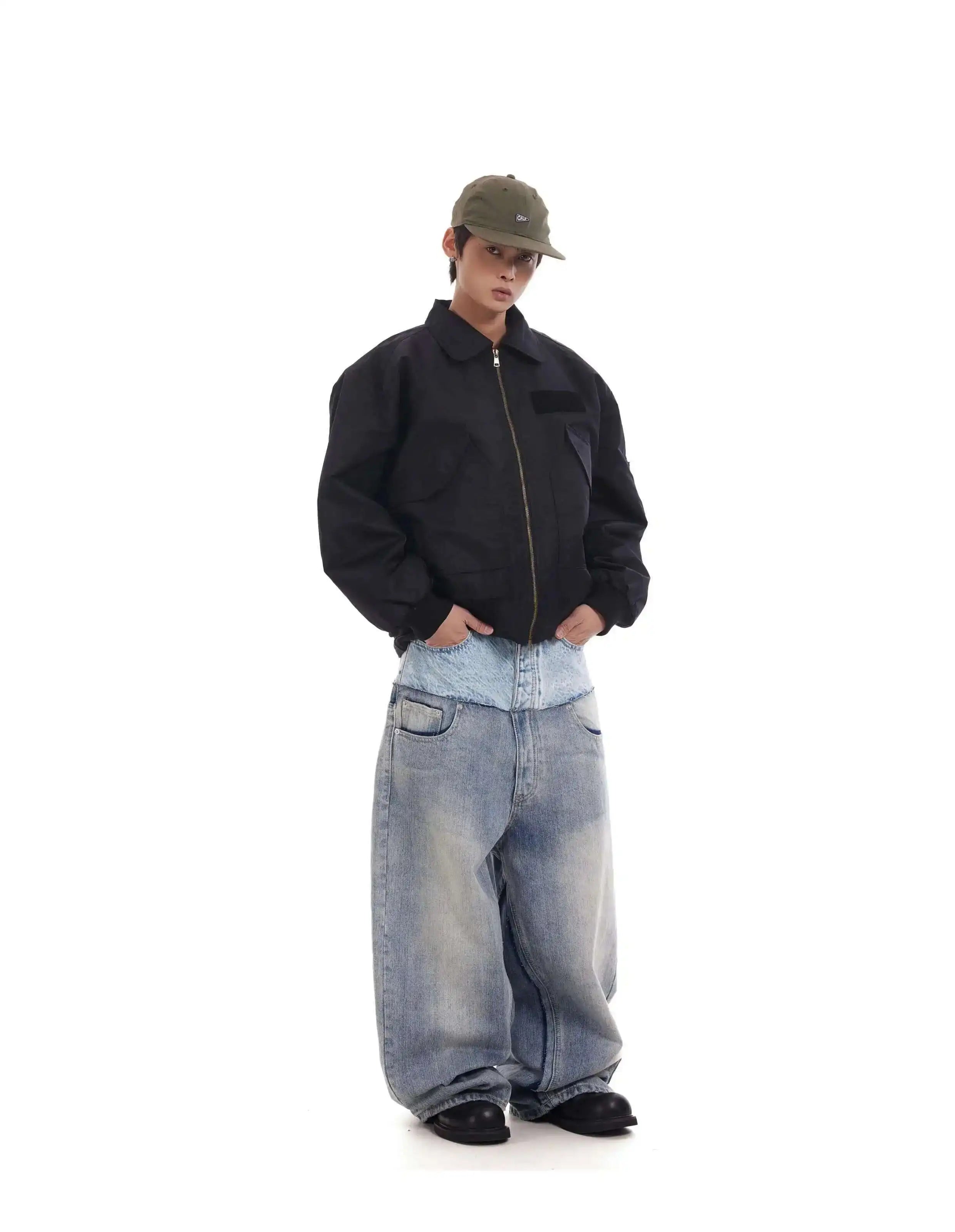 PFNW Niche Colorblock Patchwork Wide Leg Blue Jeans Men's Spring 2025 New Straight Double Waist Design Denim Trousers 28W6048