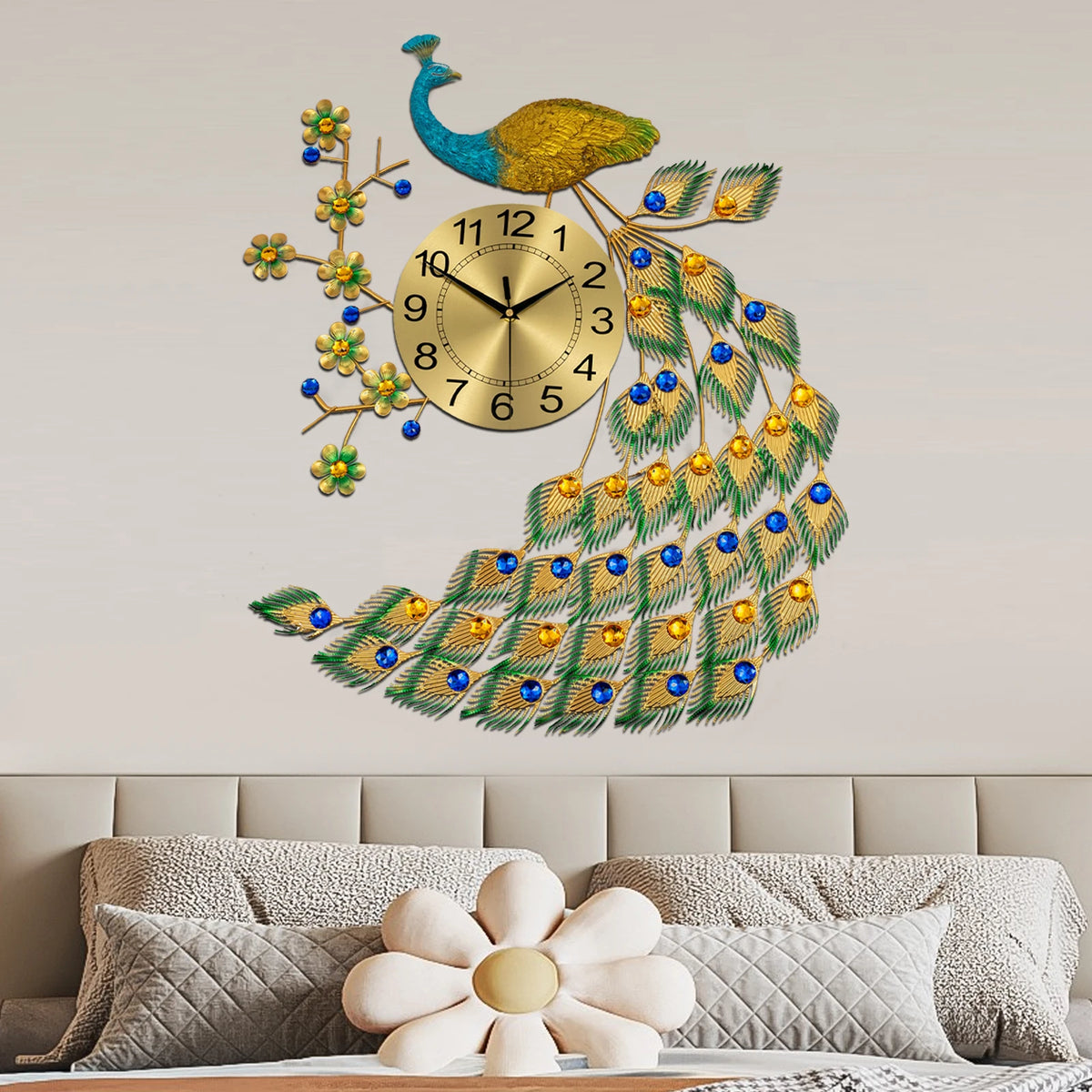 75x65cm Wall Clock, Home Decorative Clock, Peacock Design Iron Acrylic Aluminum Durable Elegant Symbol for Living Room Bedroom Kitchen Entryway