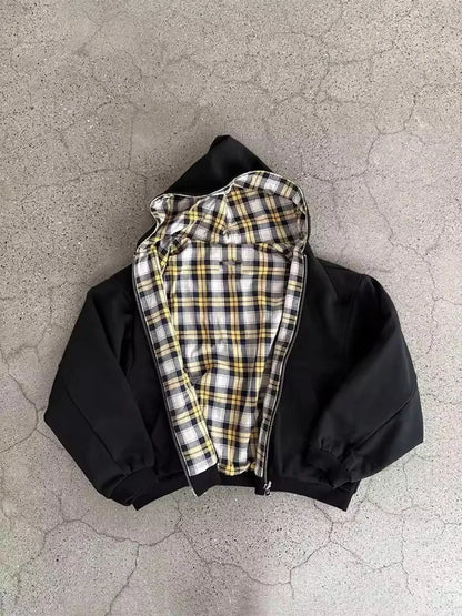 Winter Casual Plaid Print Hoodie Women's Warm Zip-Up Double-Sided Wear Sweatshirt Female Fashion Trendy Loose Hooded