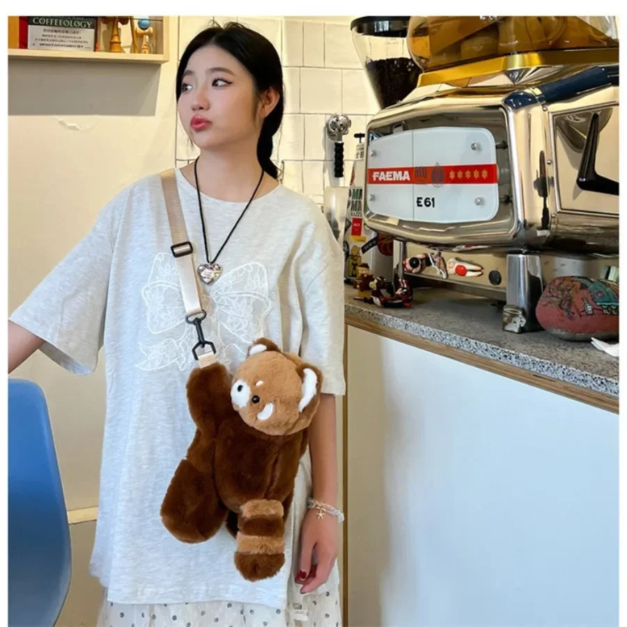 Red Panda Plush Backpack Cute Plushie Doll Women Crossbody Fur Soft Shoulder Bag for Camping Travel Party Female Birthday Gift
