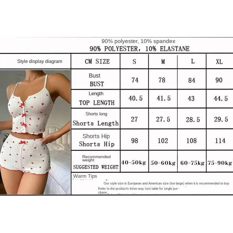 Sleepwear Women Pajamas Set Heart Print Soft Ribbed Fabric with Flirty Frill Trim Casual Cami Top and Shorts Sets Loungewear New