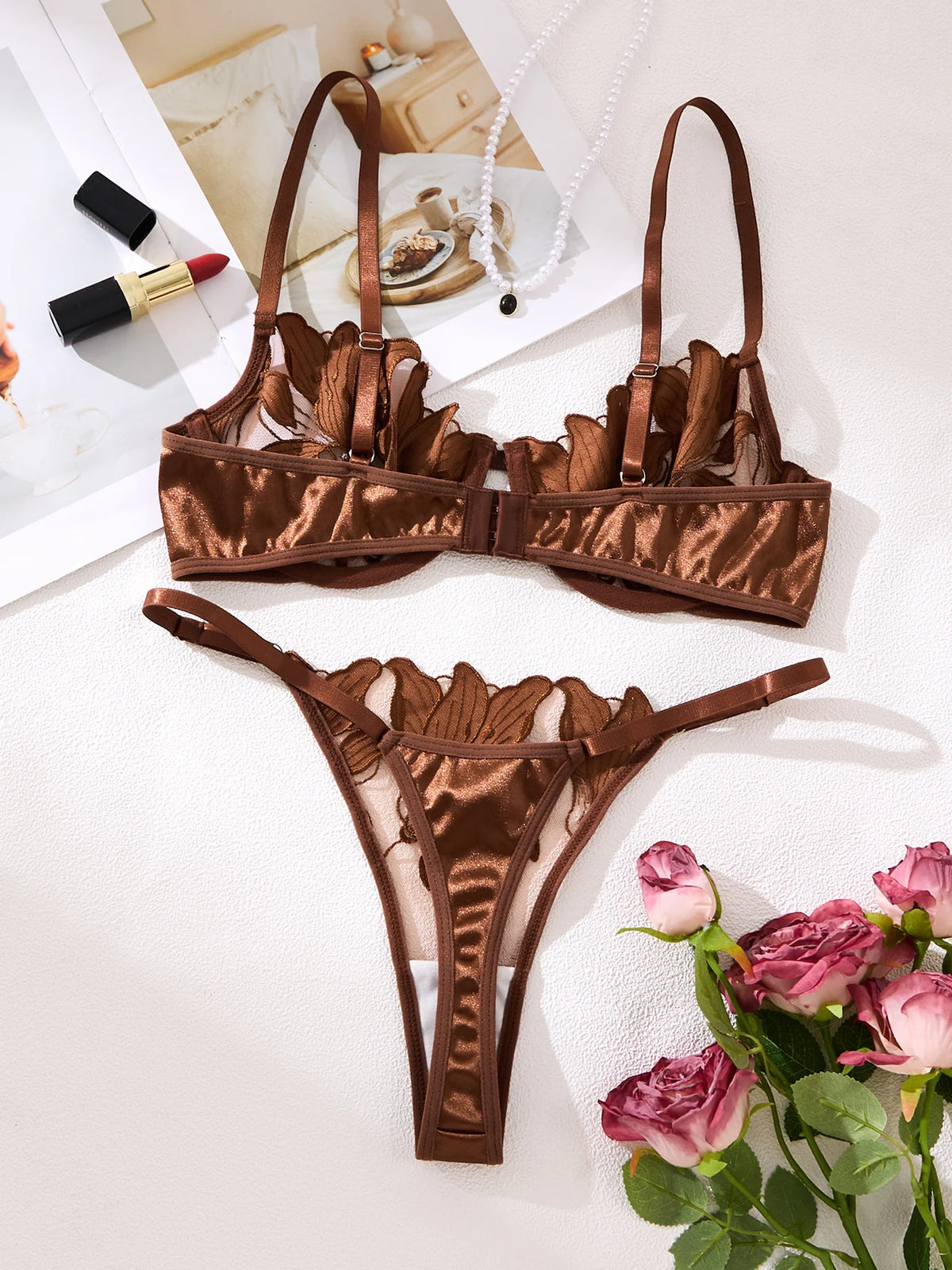 Coffee Floral Embroidered Bra & Thong Set