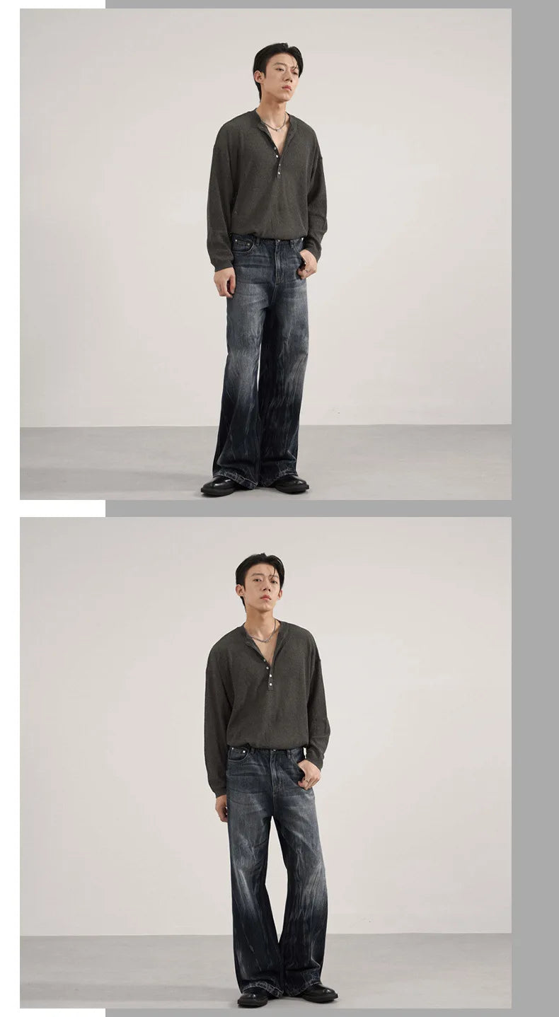 IEFB Men's American Style Denim Pants Washing Tie Dying Contrast Color Casual Wide Leg Flared Trousers Autumn Male Jeans 9W4182