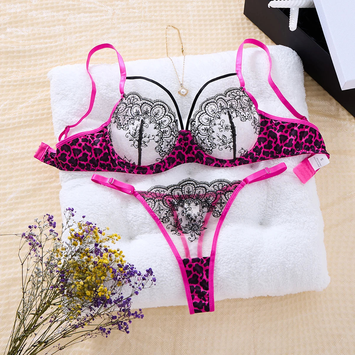 Magenta Leopard Lace Bra & Thong Set