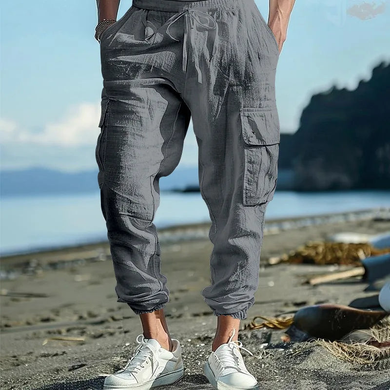 Amazon Cross-Border Cotton and Linen Tied Feet Multi-Pocket Tether Solid Color Loose Drawstring Trousers