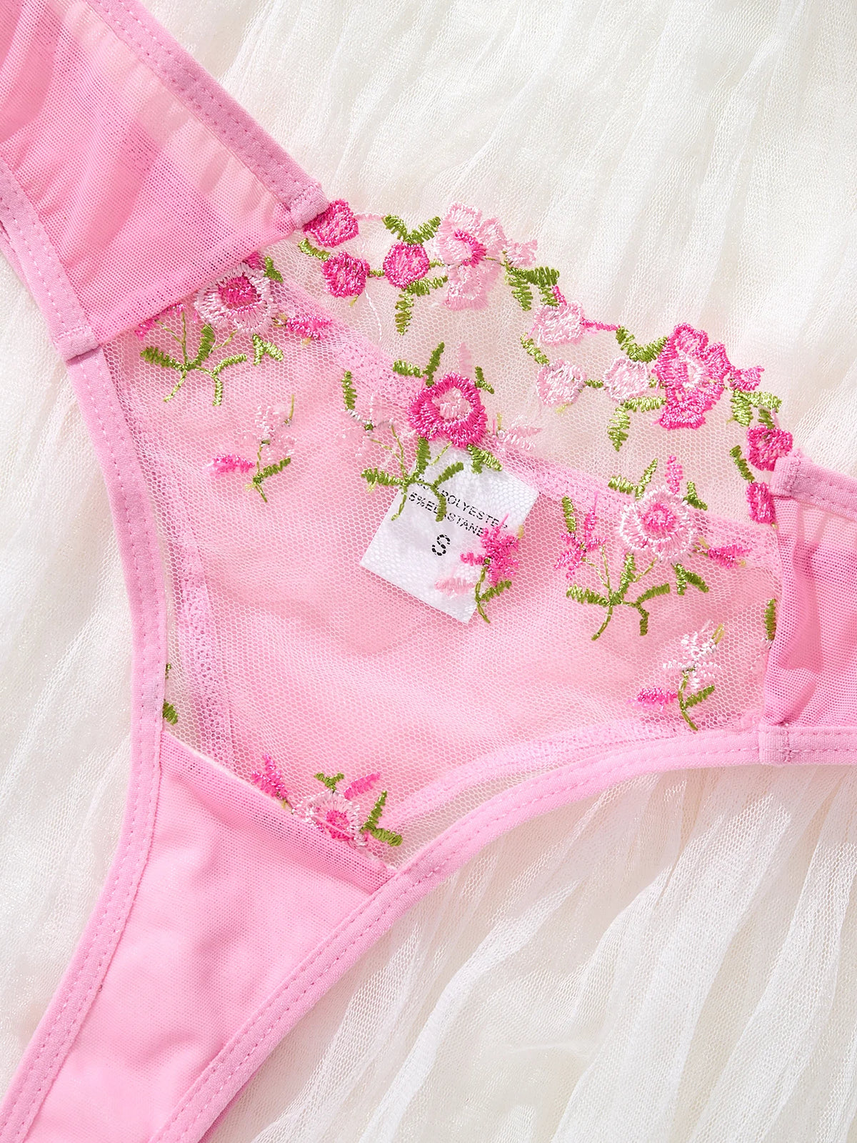 Pink Floral Embroidered Bra & Thong Set