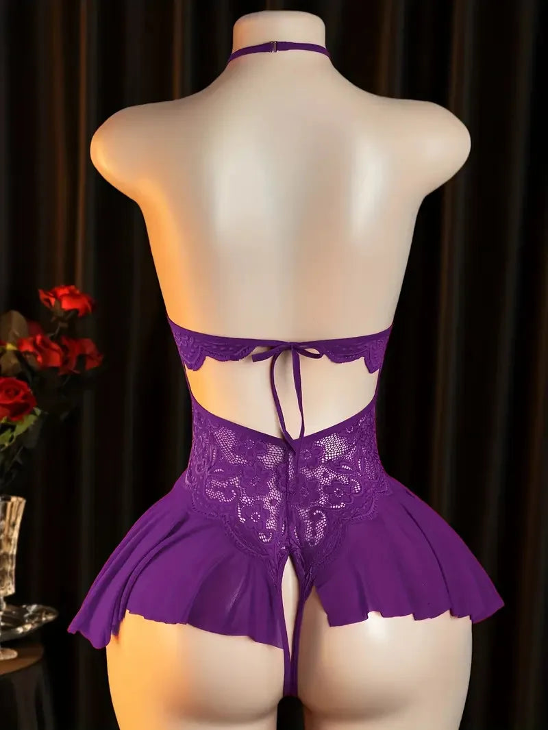 Front Clasp Open Bra Porn Lingerie Corset Deep V Sexy Crotchless Claret Underwear Women Lace Hollow Bras Hot Baby Doll Dress