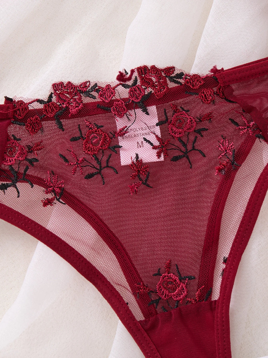 Wine Red Floral Embroidered Bra & Thong Set