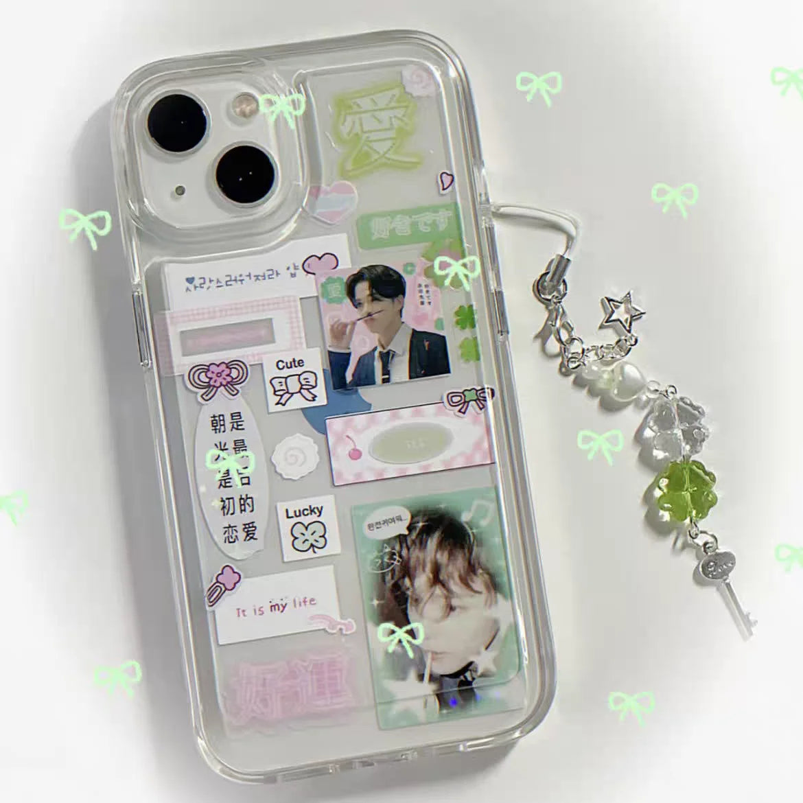 Y2K Lucky Four Leaves Clover Heart Key Ring Green Leaf Star Key Chain Cases for Phone Camera Korean Cute Beaded Couple Keychain