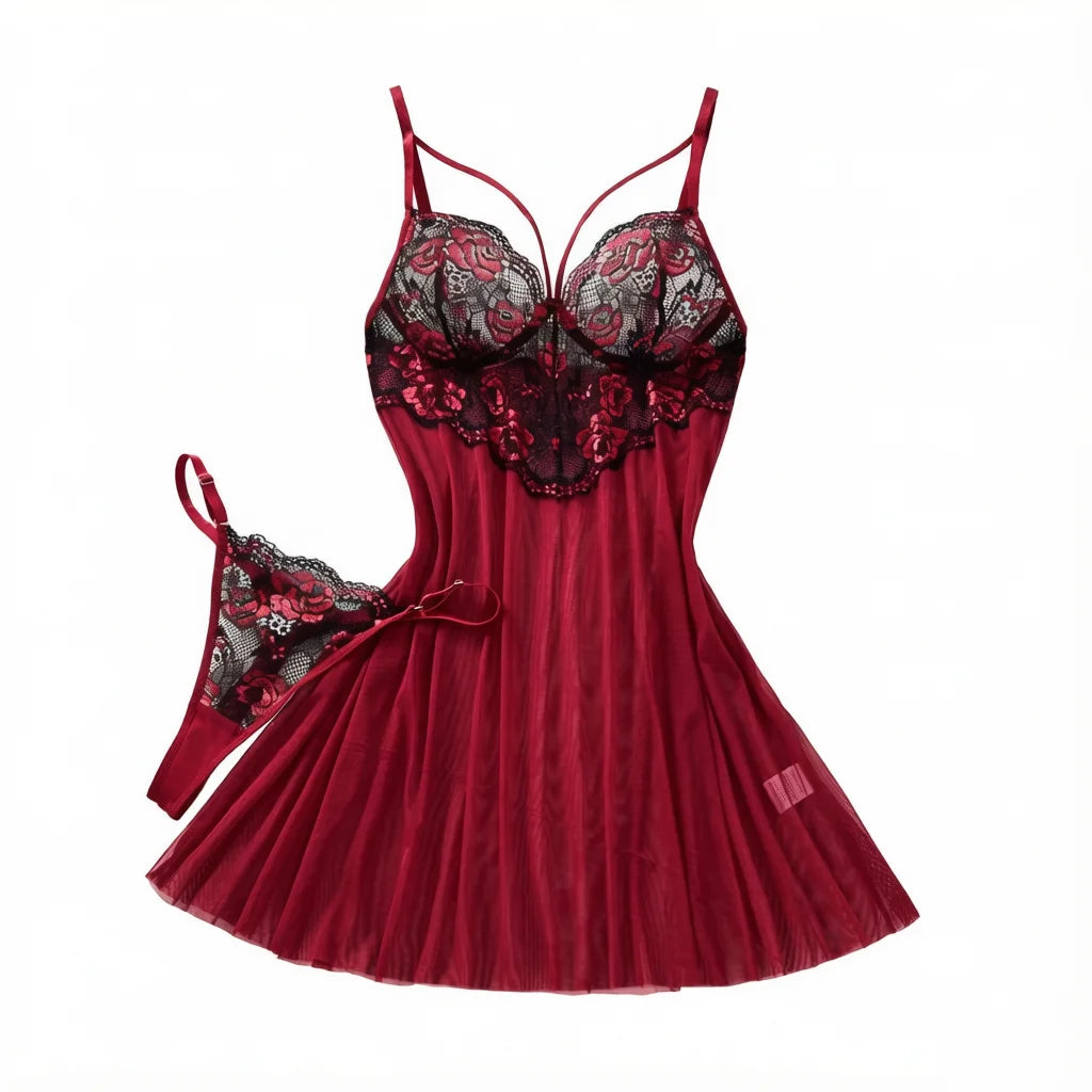 Wine Red Rose Embroidered Nightgown Set