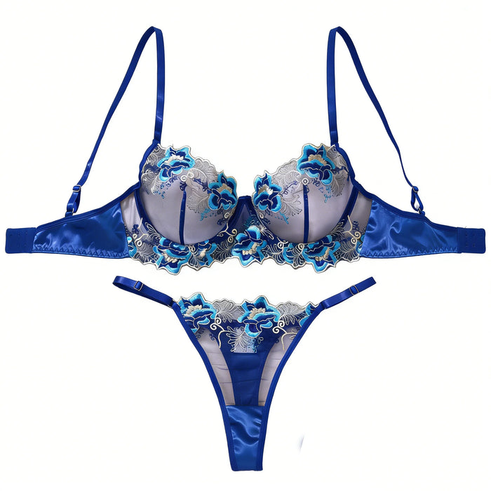 Blue Floral Lace Lingerie Set
