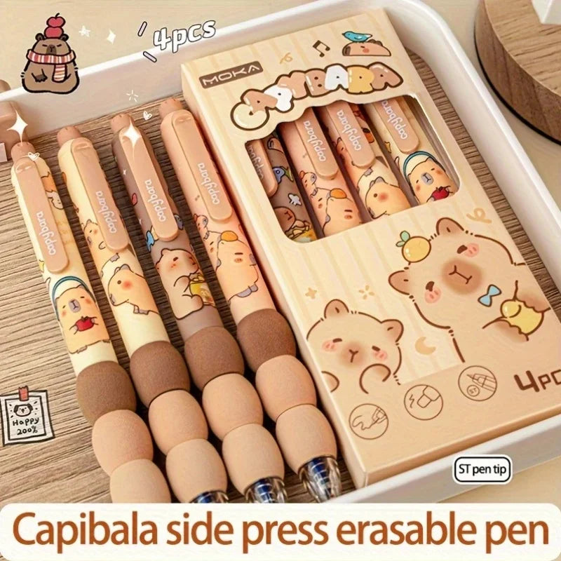 Set of 4 Capybara-Themed Erasable Gel Pens Point of 0.5 Mm Soft Grip Barrel Perfect Gift Choice Office And School Supplies