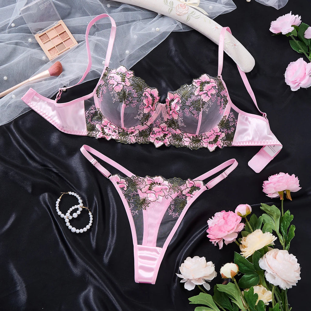 Pink Floral Embroidered Lace Bra & Thong Set