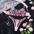 Pink Floral Embroidered Lace Bra & Thong Set
