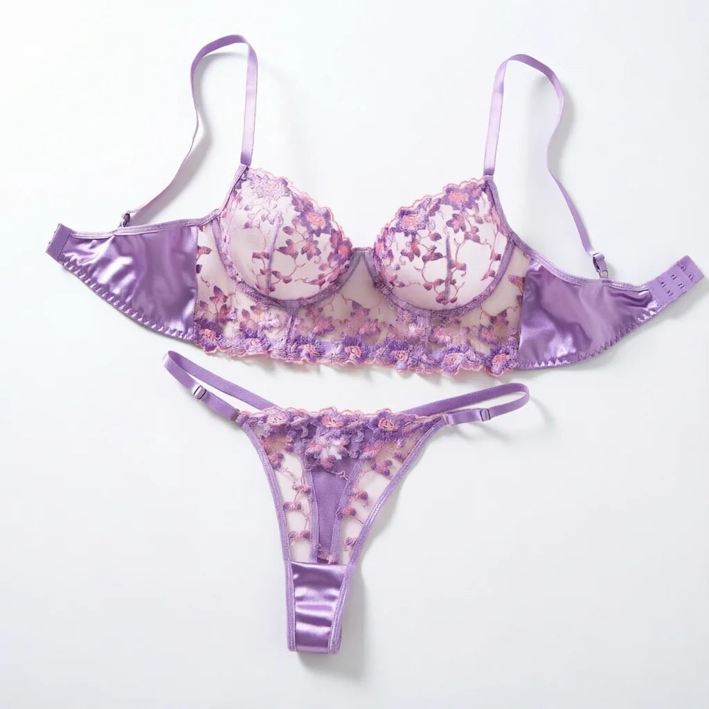 Purple Floral Embroidered Bra & Thong Set
