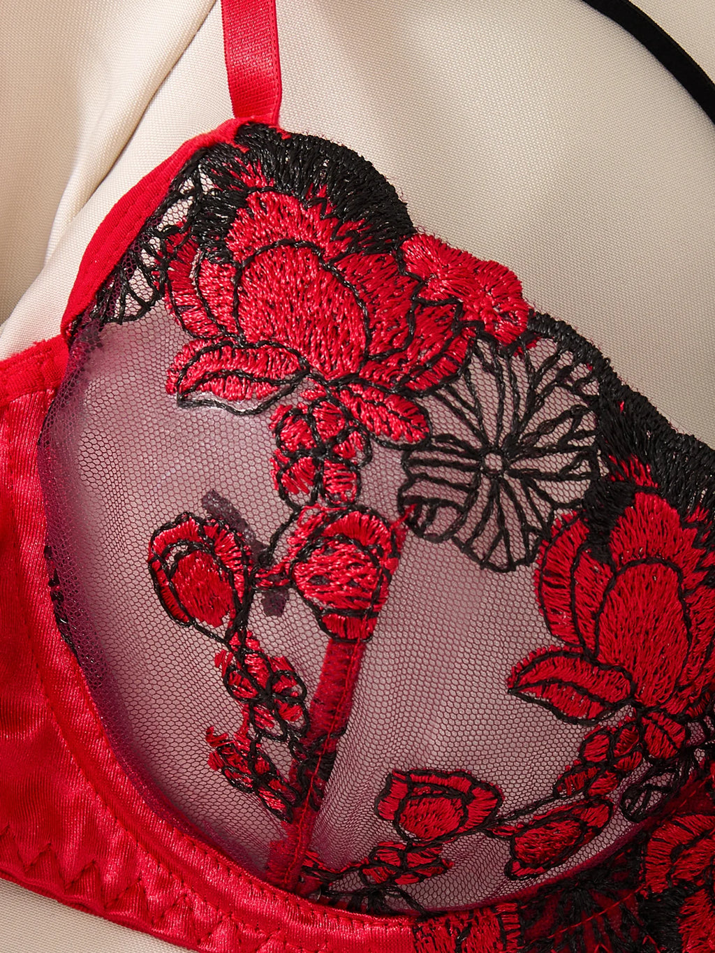 Red Rose Embroidered Bra & Brief Set