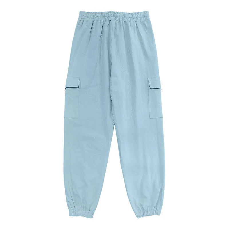 Amazon Cross-Border Cotton and Linen Tied Feet Multi-Pocket Tether Solid Color Loose Drawstring Trousers