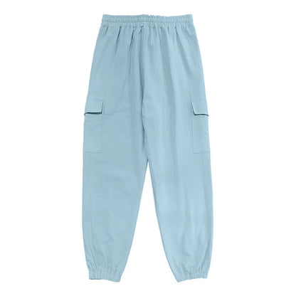 Amazon Cross-Border Cotton and Linen Tied Feet Multi-Pocket Tether Solid Color Loose Drawstring Trousers