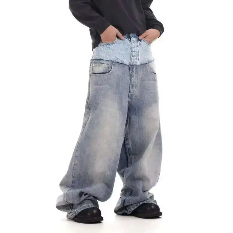 PFNW Niche Colorblock Patchwork Wide Leg Blue Jeans Men's Spring 2025 New Straight Double Waist Design Denim Trousers 28W6048