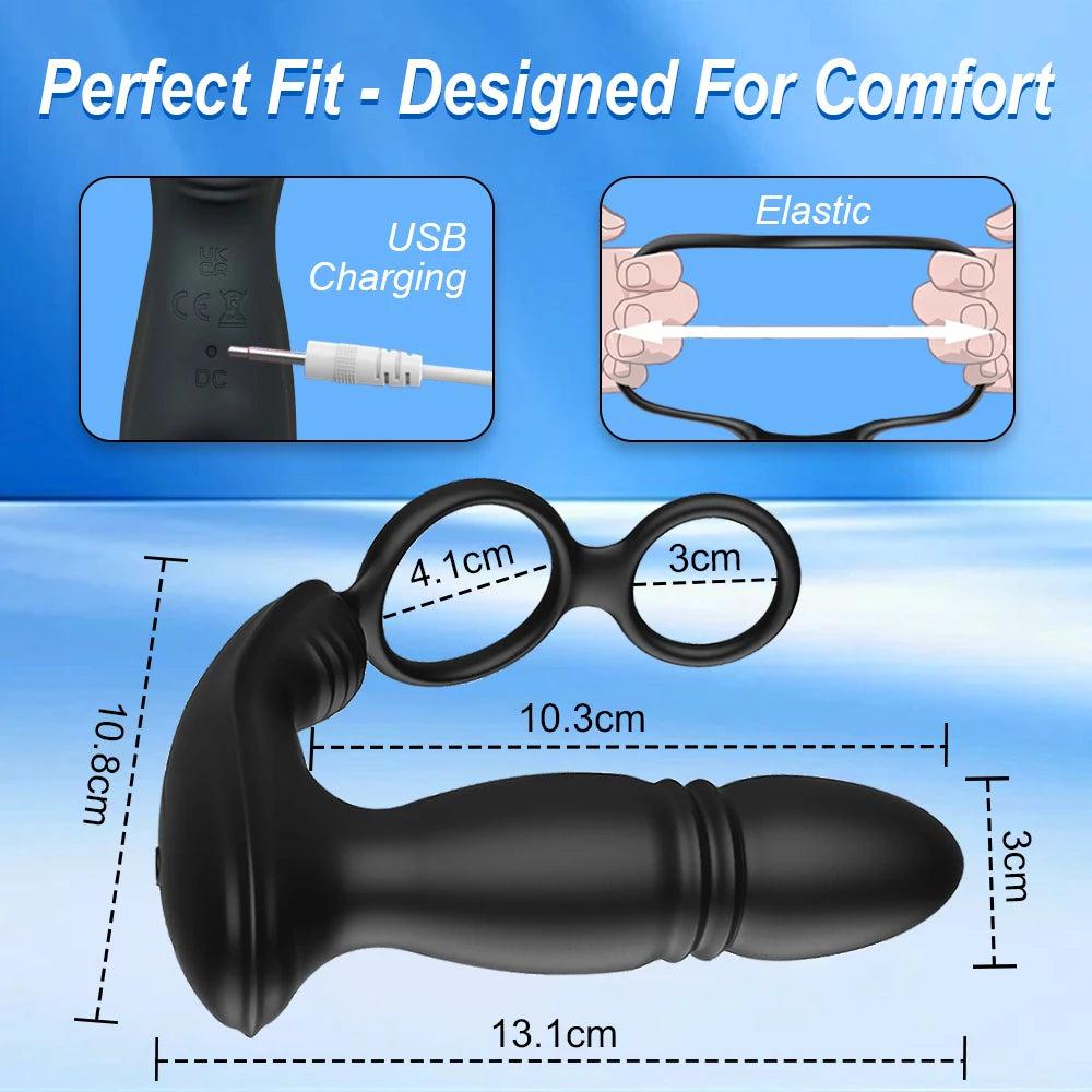 Bluetooth APP Control Thrusting Prostate Massager Vibrator Dual Ring Anal Expander Butt Plug Adult Goods Sex Toy for Men