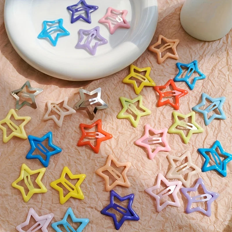10pcs/30pcs Cute Hollow Star Hair Clips Vibrant Colorful Snap Design Perfect for Styling and Makeup Ideal ' Gift Holiday Gift