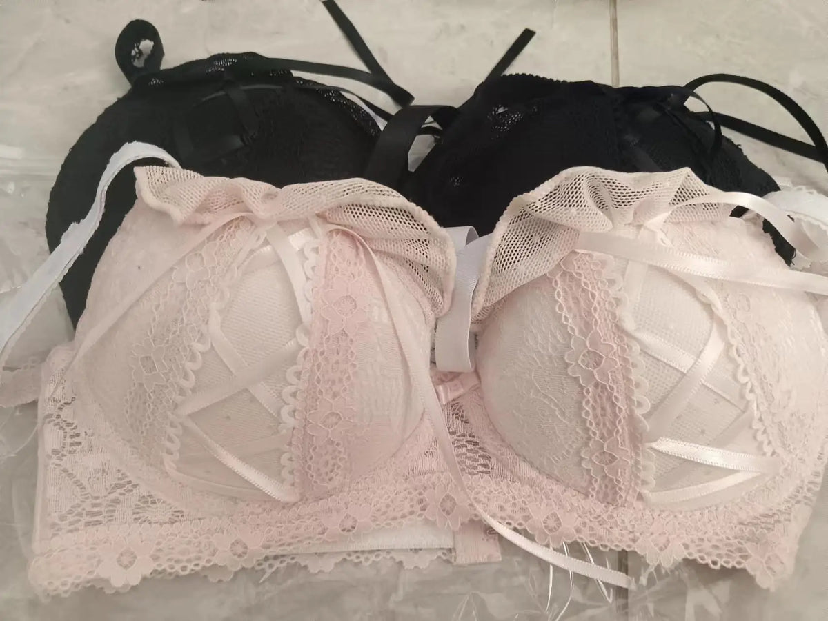 Lolita Prom Solid Color Sweet Bra Sexy Lace Bra Adjustable Gathering Anti-Expansion Bra Sweet Temperament Court Bra
