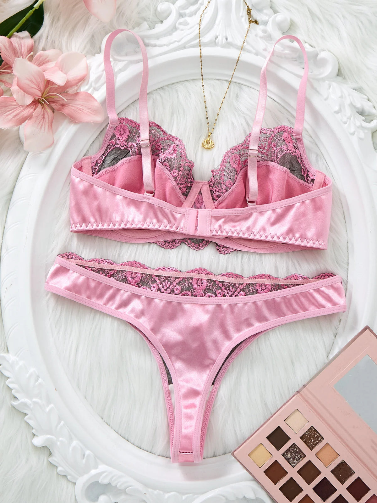 Pink Lace Balconette Bra & Thong Set
