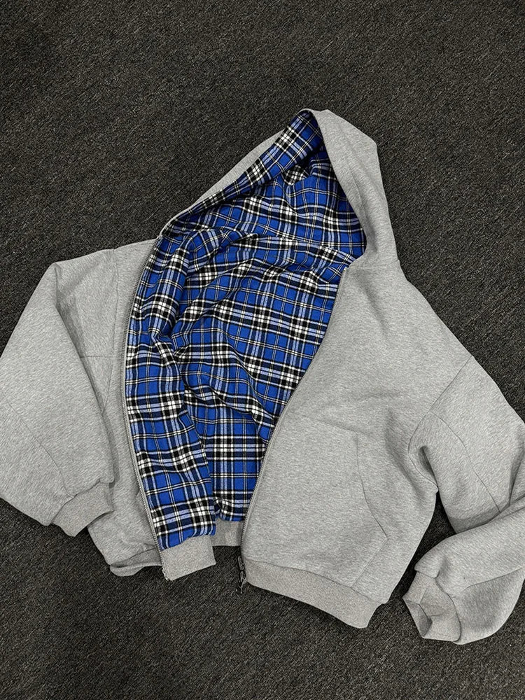 Winter Casual Plaid Print Hoodie Women's Warm Zip-Up Double-Sided Wear Sweatshirt Female Fashion Trendy Loose Hooded