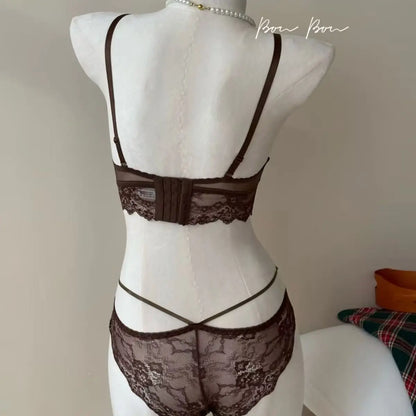 Sexy Lace Breathable Lingerie Set French-Style Small-Bust Support Bra Anti-Sagging & Side-Boob Control Soft Underwire Bra Set