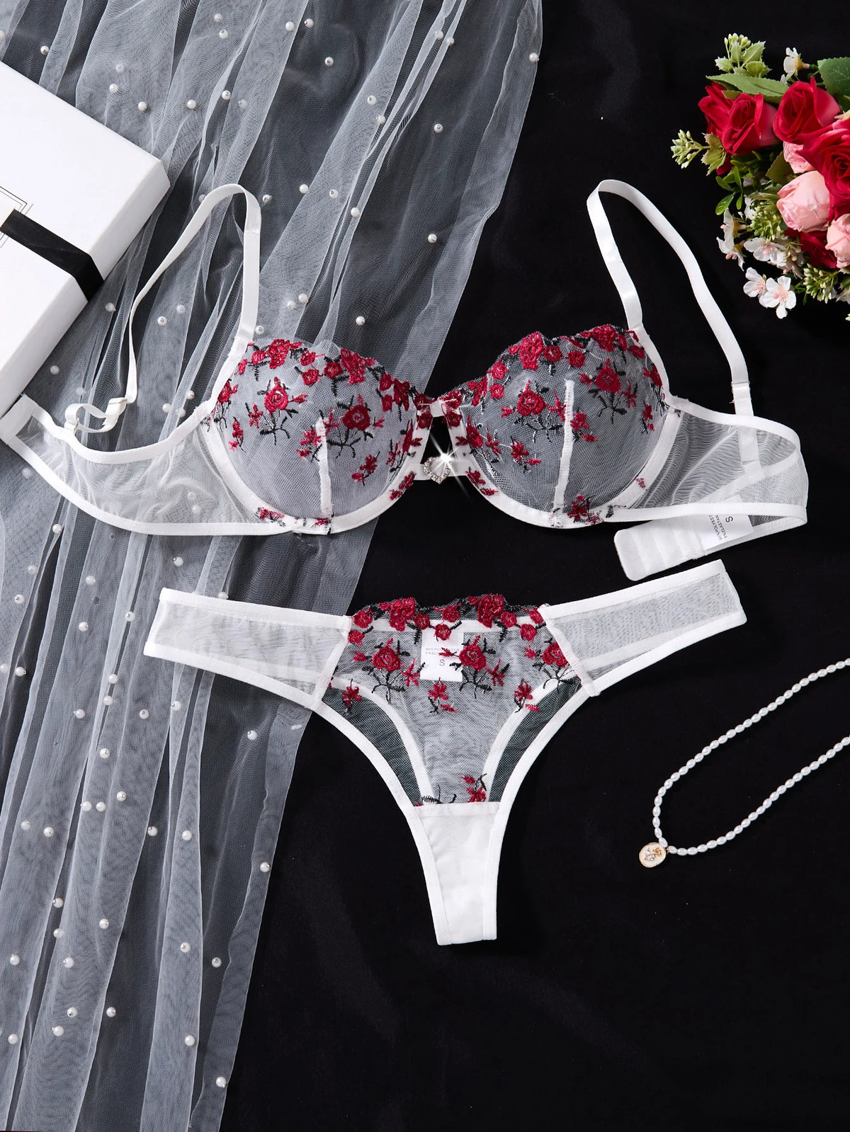 White & Red Rose Embroidered Bra & Thong Set