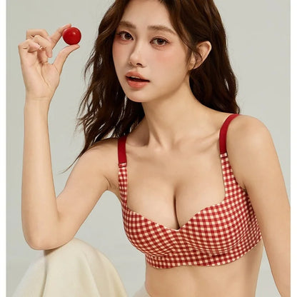 Seamless One-Piece Plaid Bra Set, Gathers Small Breasts, Makes Them Look Bigger, Lifts, Comfortable Wireless Underwear Set