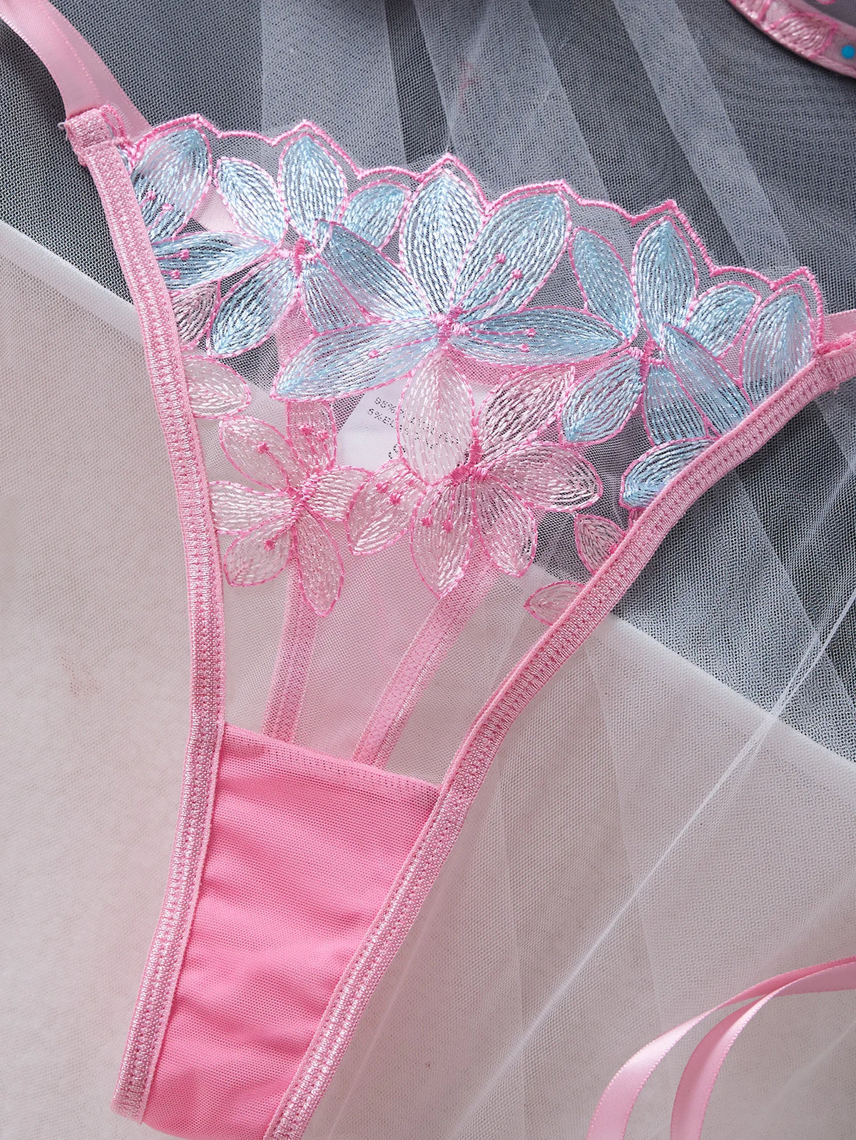 Pink & Blue Floral Embroidered Bra & Thong Set