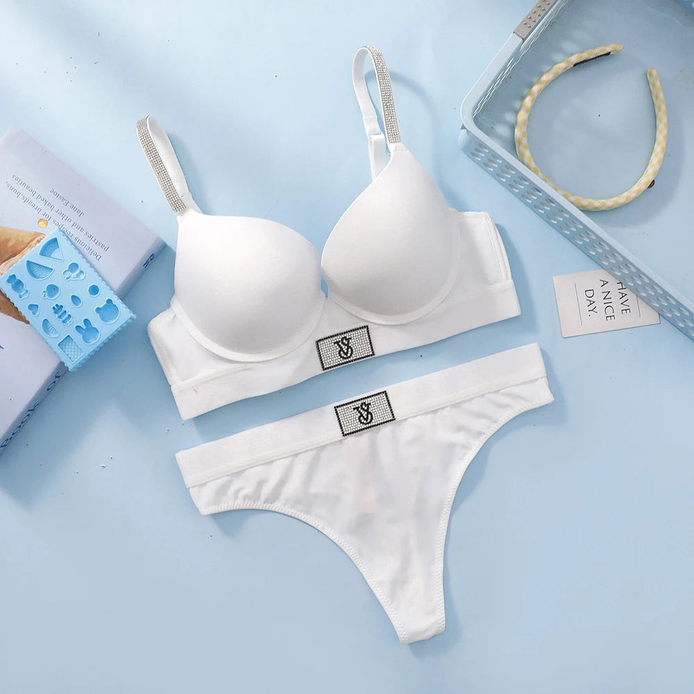 Victoria Secret Very Sexy Logo Shine Strap Push Up Bra Shine Script Thong Panty Women Lace Lingerie Set Hot Trending
