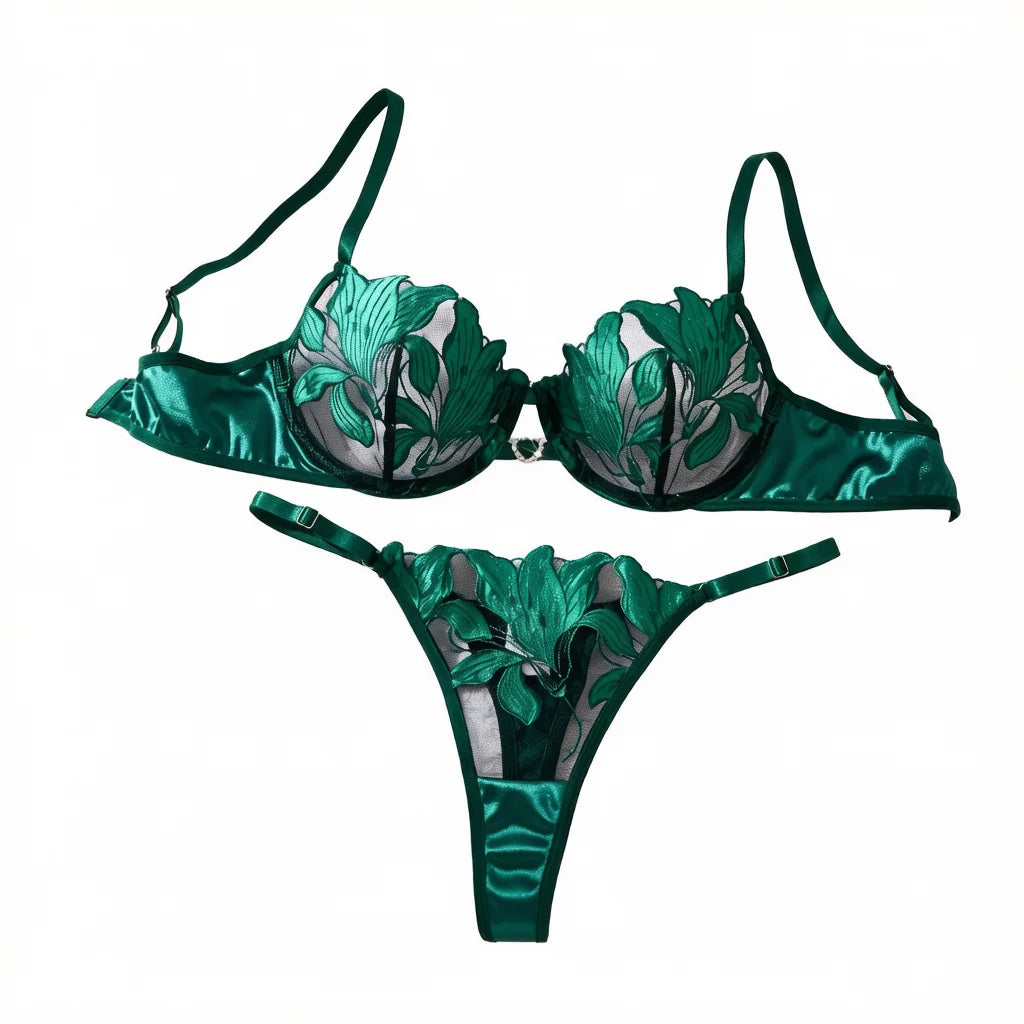 Green Floral Embroidered Bra & Brief Set